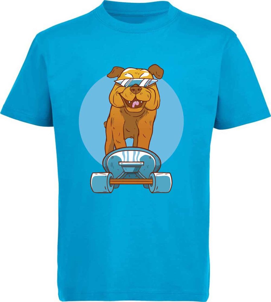 i239 Kinder Skater Hunde T-Shirt aqua blau